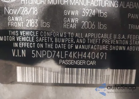 2019 Hyundai Elantra Se from USA, damaged, VIN 5NPD74LF4KH440491